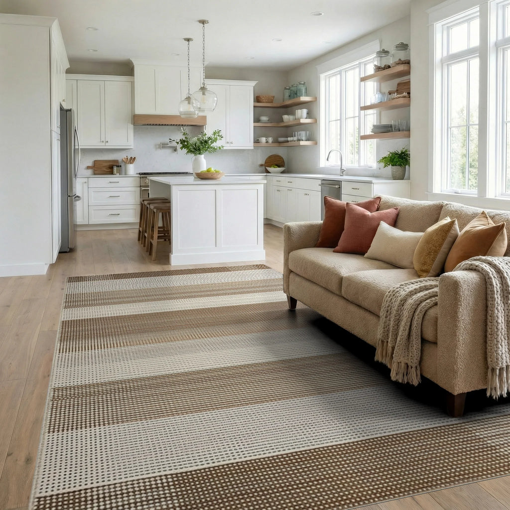 Earthy Tone Horizontal Stripe Dot Rug - Living Room View