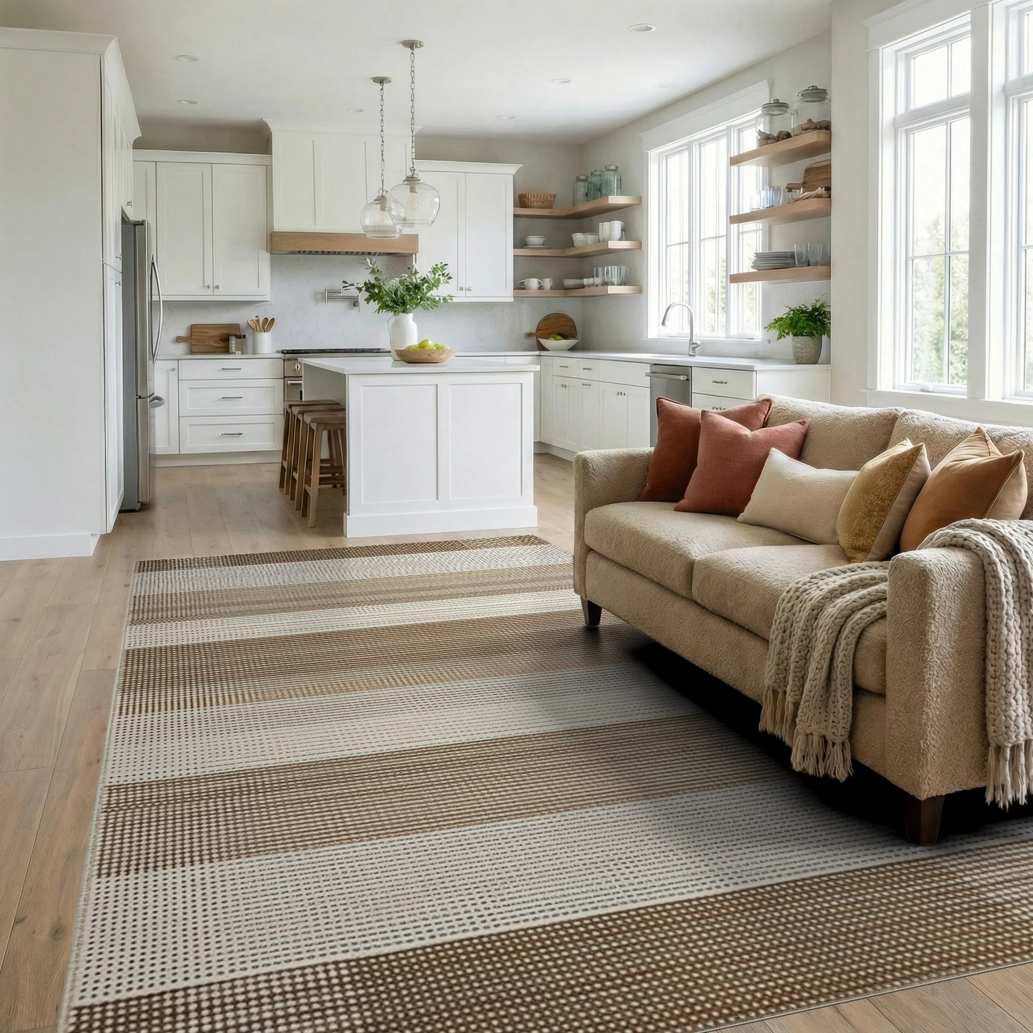 Earthy Tone Horizontal Stripe Dot Rug - Living Room View