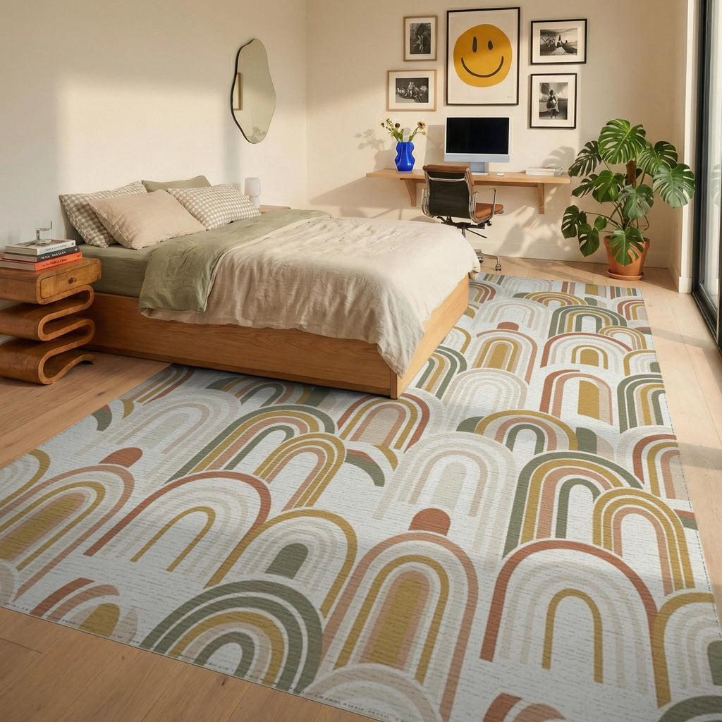 Earthy Tone Rainbow Arch Overlay Rug Bedroom View