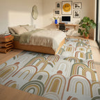 Earthy Tone Rainbow Arch Overlay Rug Bedroom View