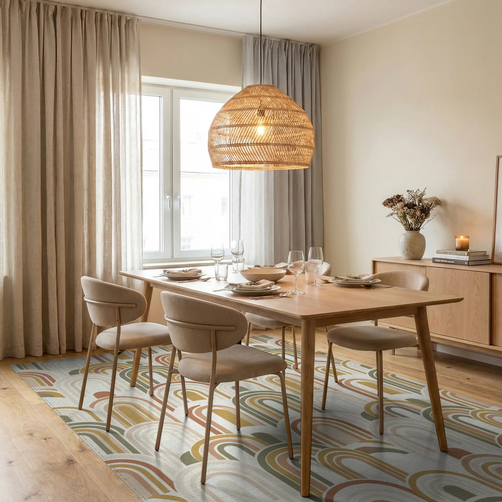 Earthy Tone Rainbow Arch Overlay Rug Dining Room View