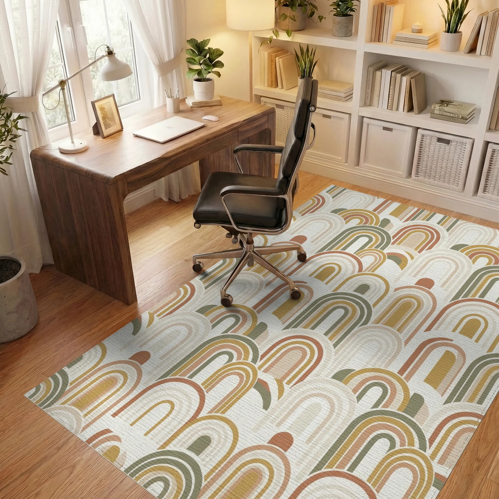 Earthy Tone Rainbow Arch Overlay Rug Office View