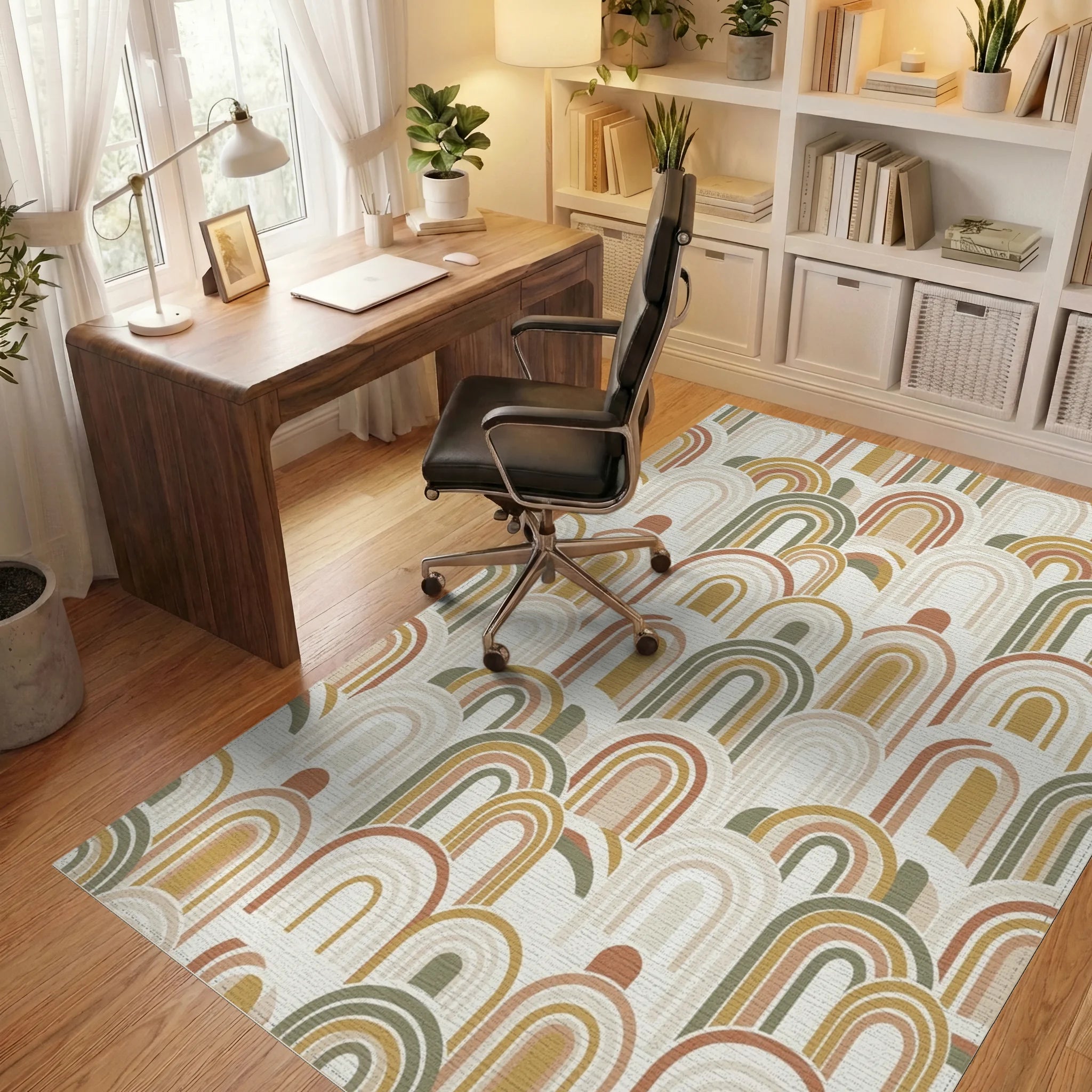 Earthy Tone Rainbow Arch Overlay Rug Office View