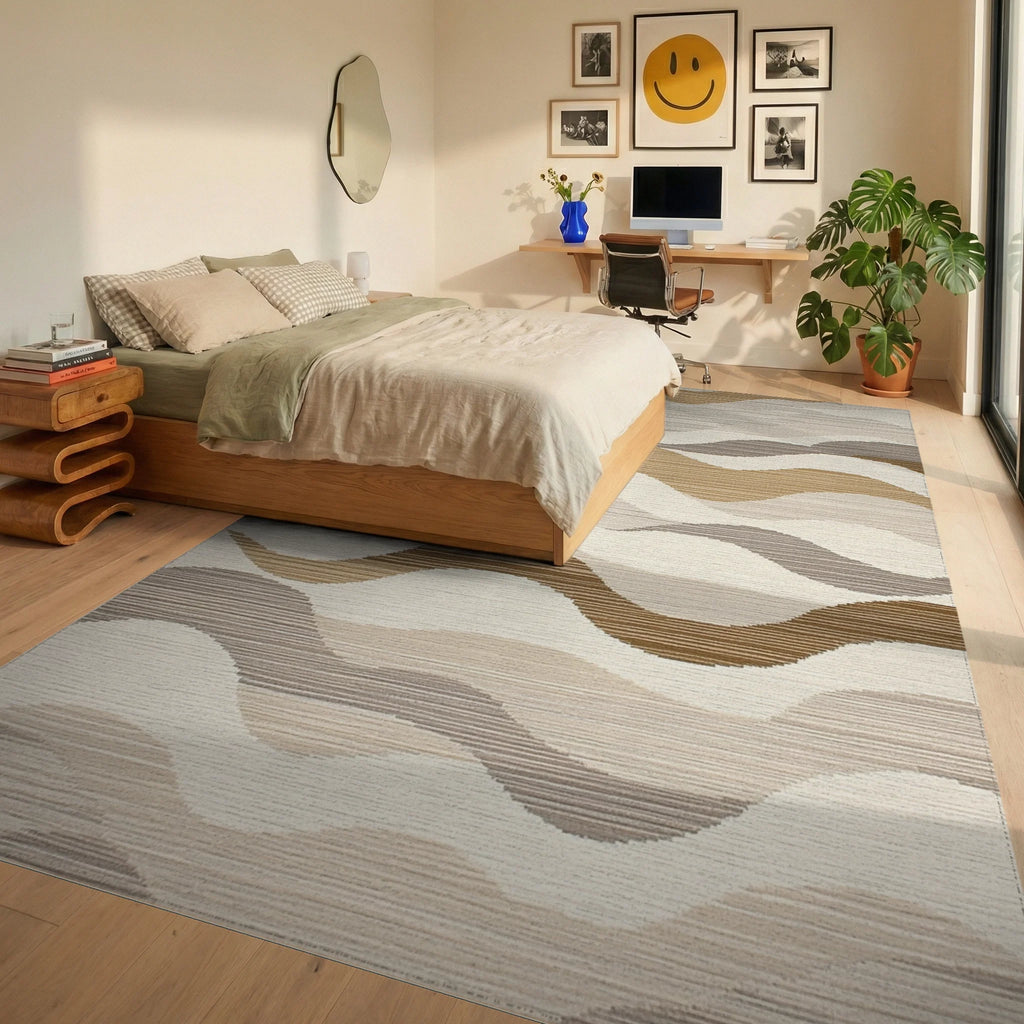 Earthy Tone Rippling Wave Rug - Bedroom View