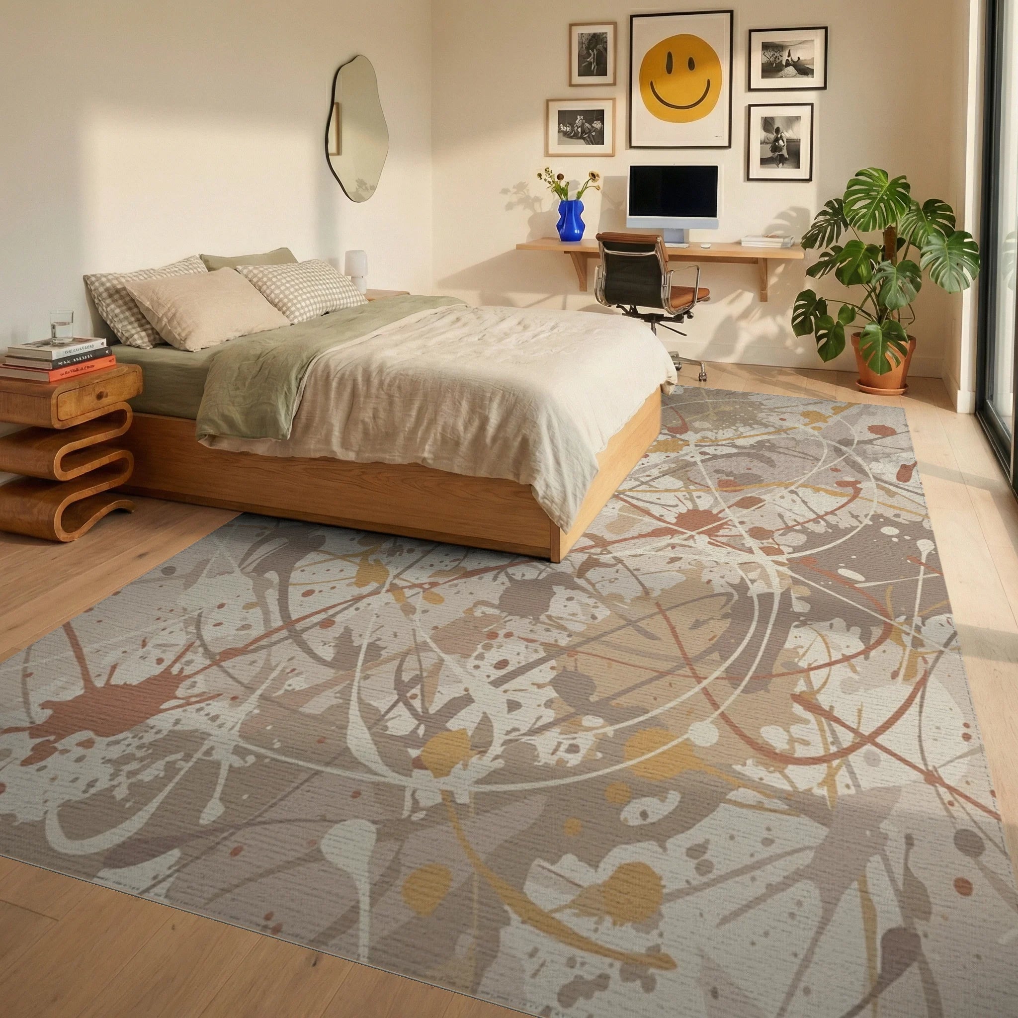 Earthy Tone Splatter Abstract Rug Bedroom View