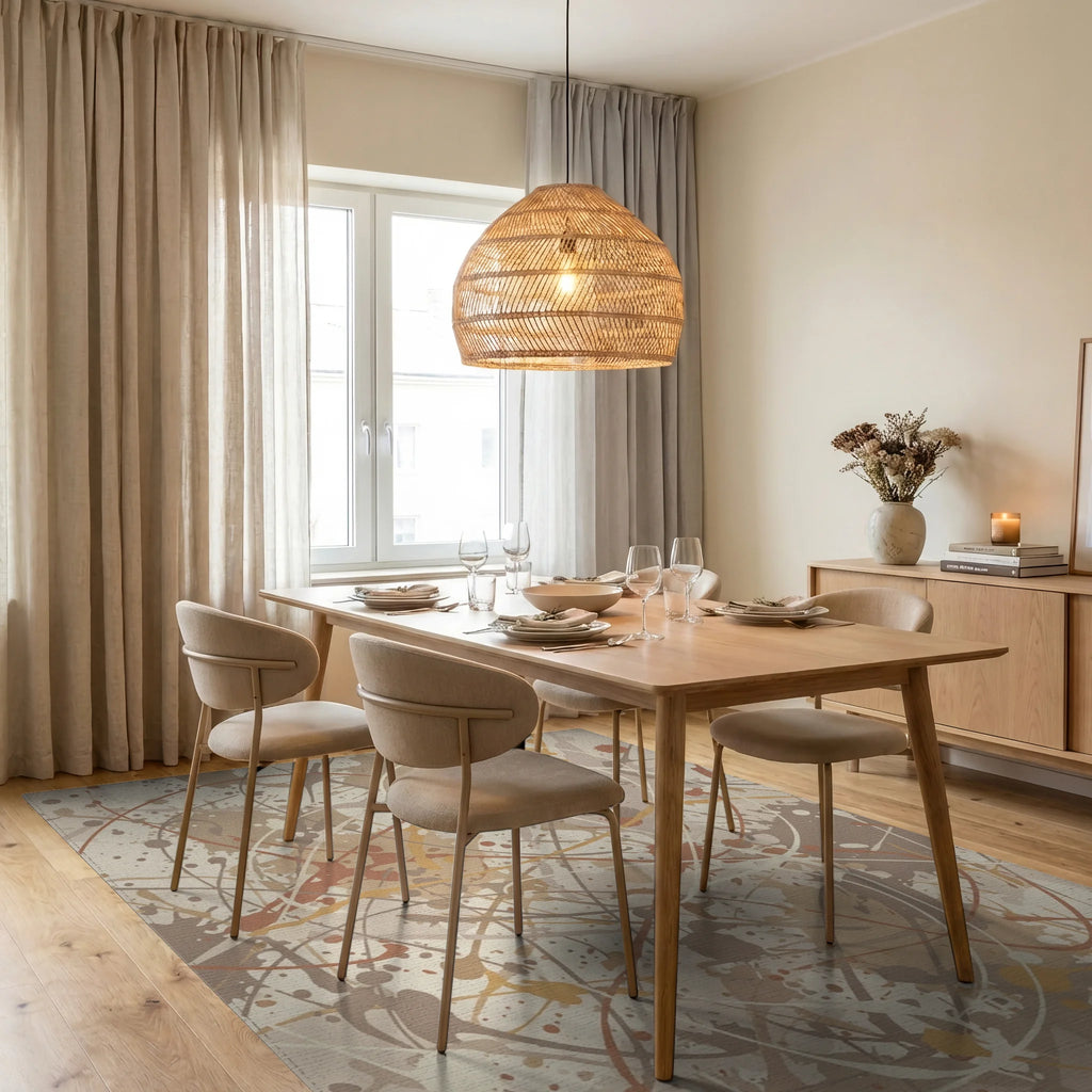 Earthy Tone Splatter Abstract Rug Dining Room View