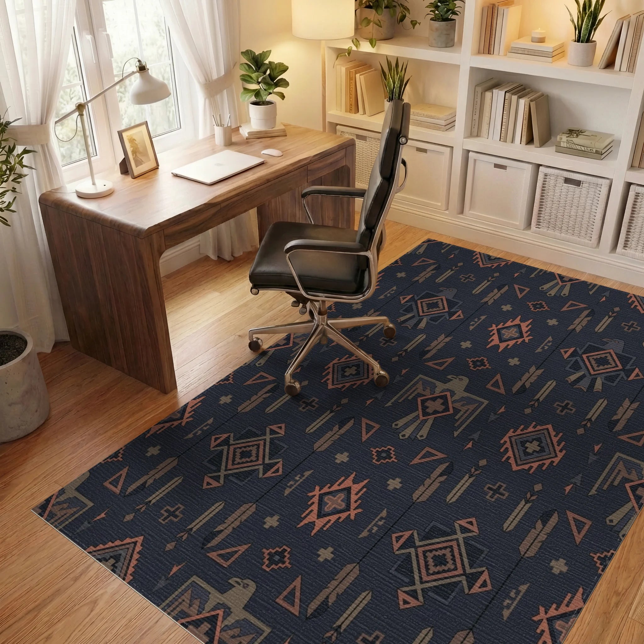 Earthy Tone Thunderbird Geometric Rug Office View