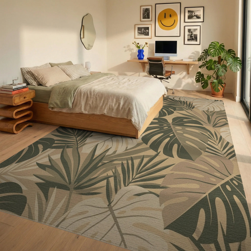 Earthy Tone Tropical Foliage Rug Bedroom View