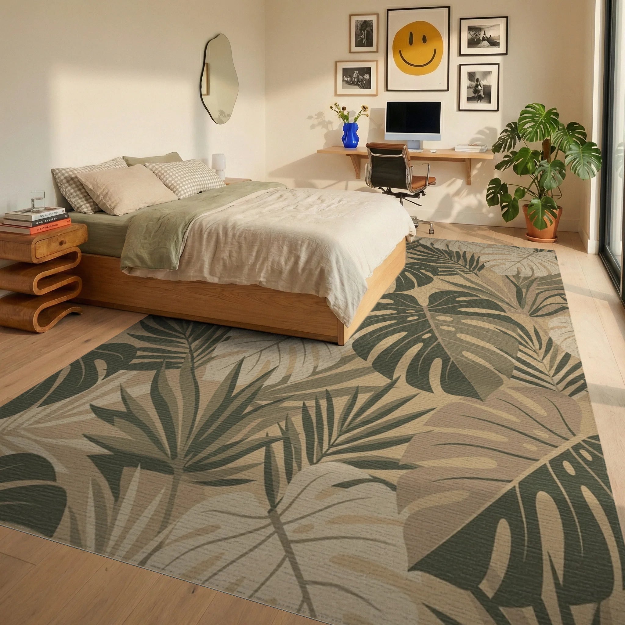 Earthy Tone Tropical Foliage Rug Bedroom View