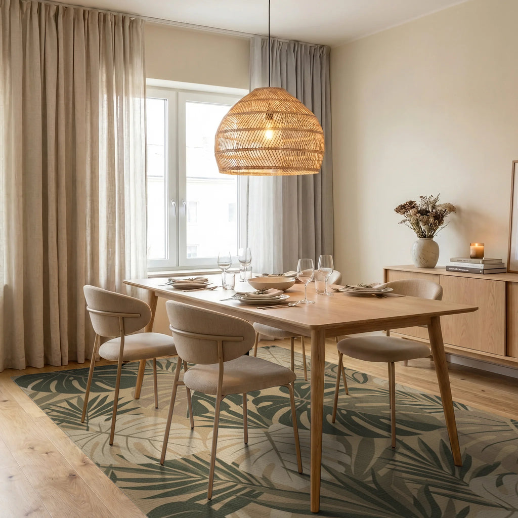 Earthy Tone Tropical Foliage Rug Dining Room View