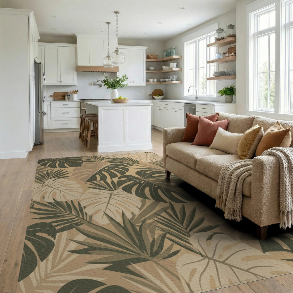 Earthy Tone Tropical Foliage Rug Living Room View