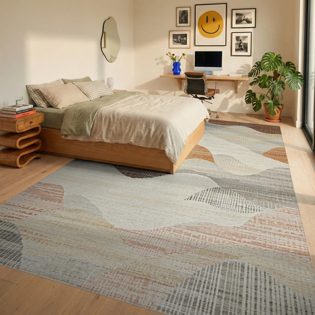 Earthy Tone Wavy Landscape Rug - Bedroom View