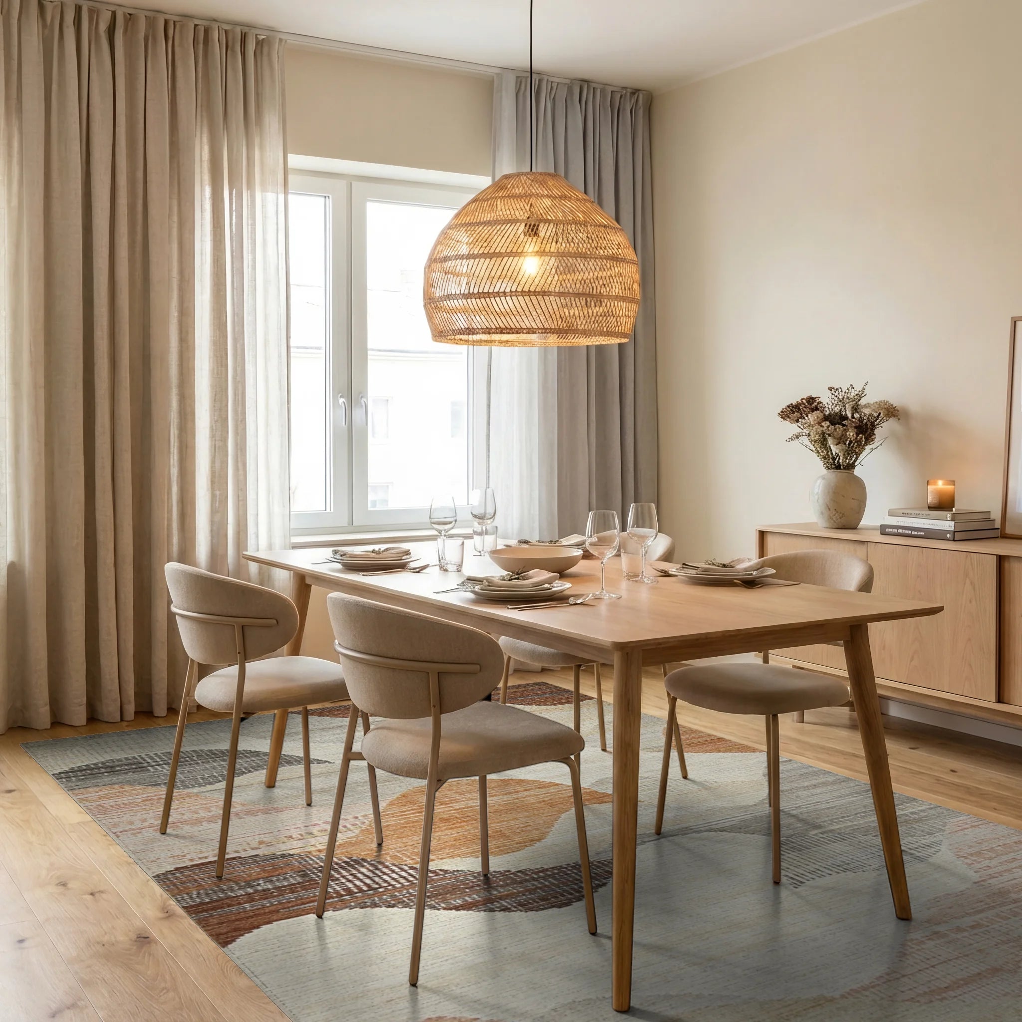 Earthy Tone Wavy Landscape Rug - Dining Room View