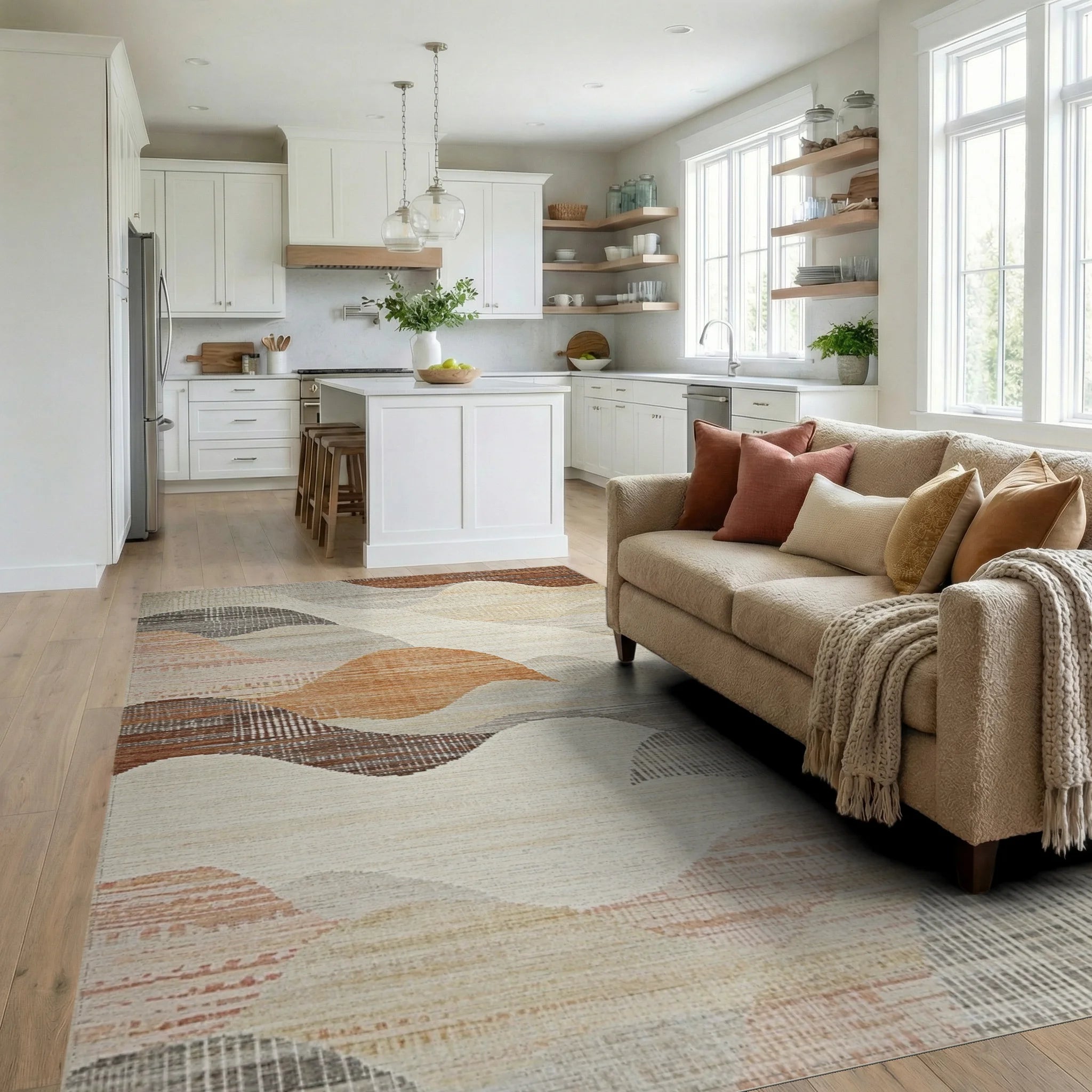Earthy Tone Wavy Landscape Rug - Living Room View