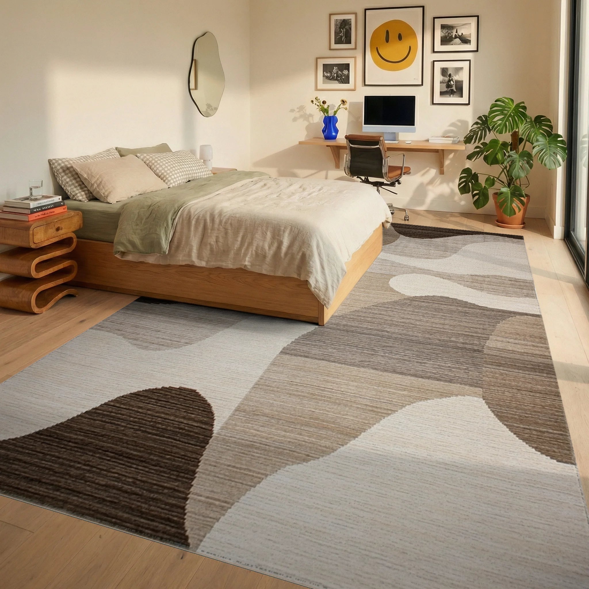 Earthy Toned Abstract Wave Rug - Bedroom View