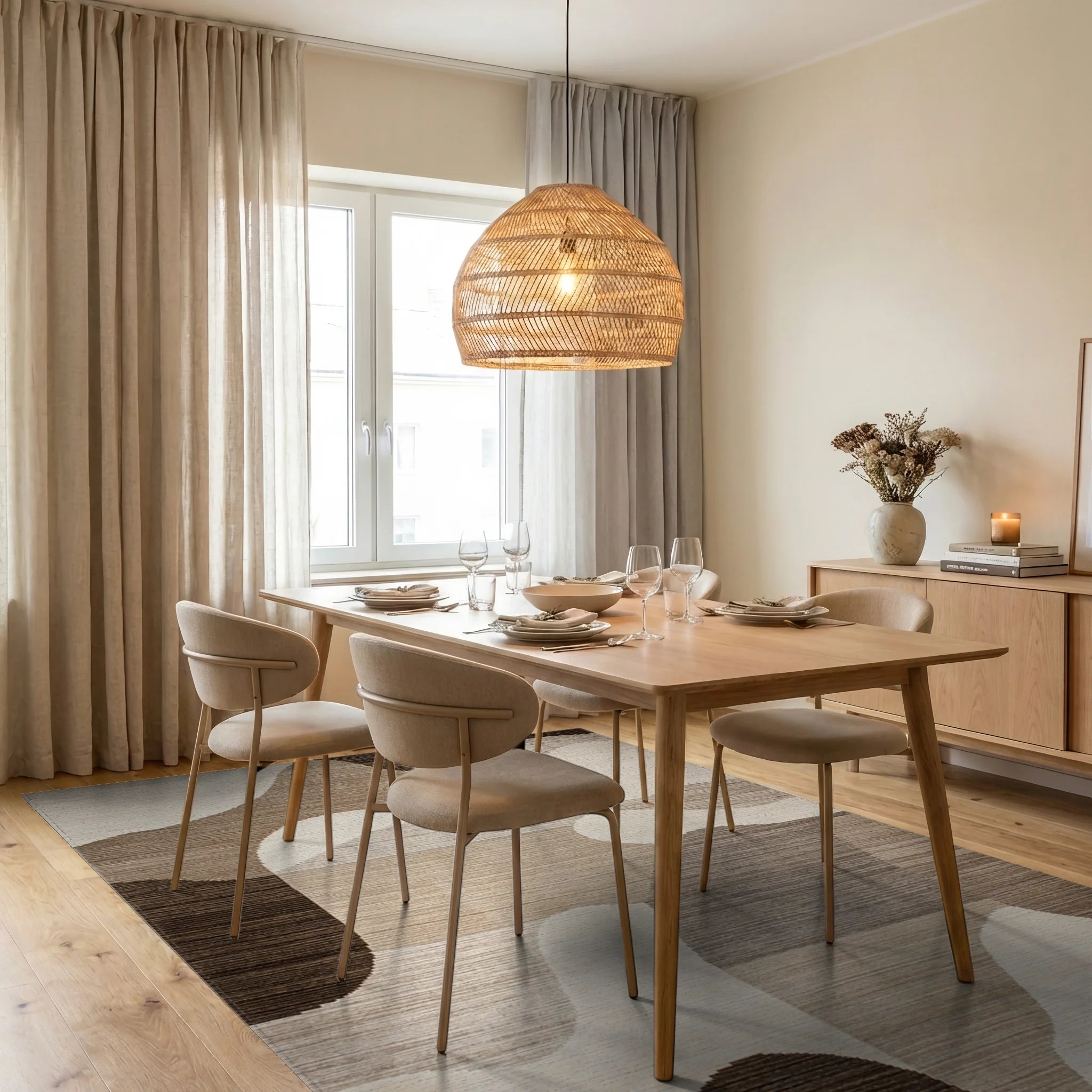 Earthy Toned Abstract Wave Rug - Dining Room View