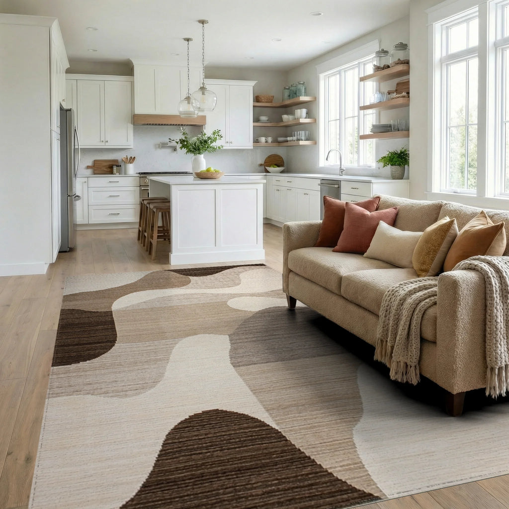 Earthy Toned Abstract Wave Rug - Living Room View