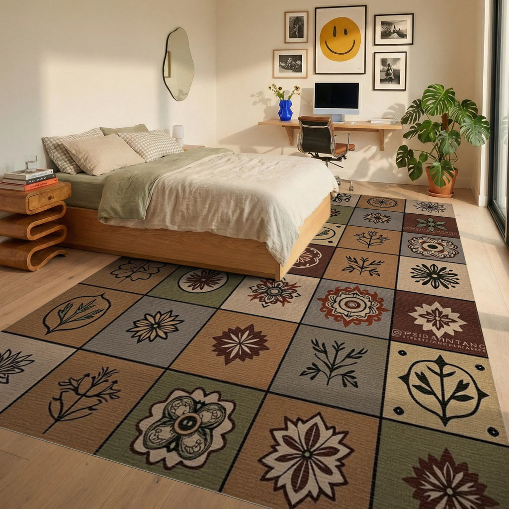 Earthy Toned Floral Grid Tile Art Rug Bedroom View