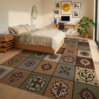 Earthy Toned Floral Grid Tile Art Rug Bedroom View