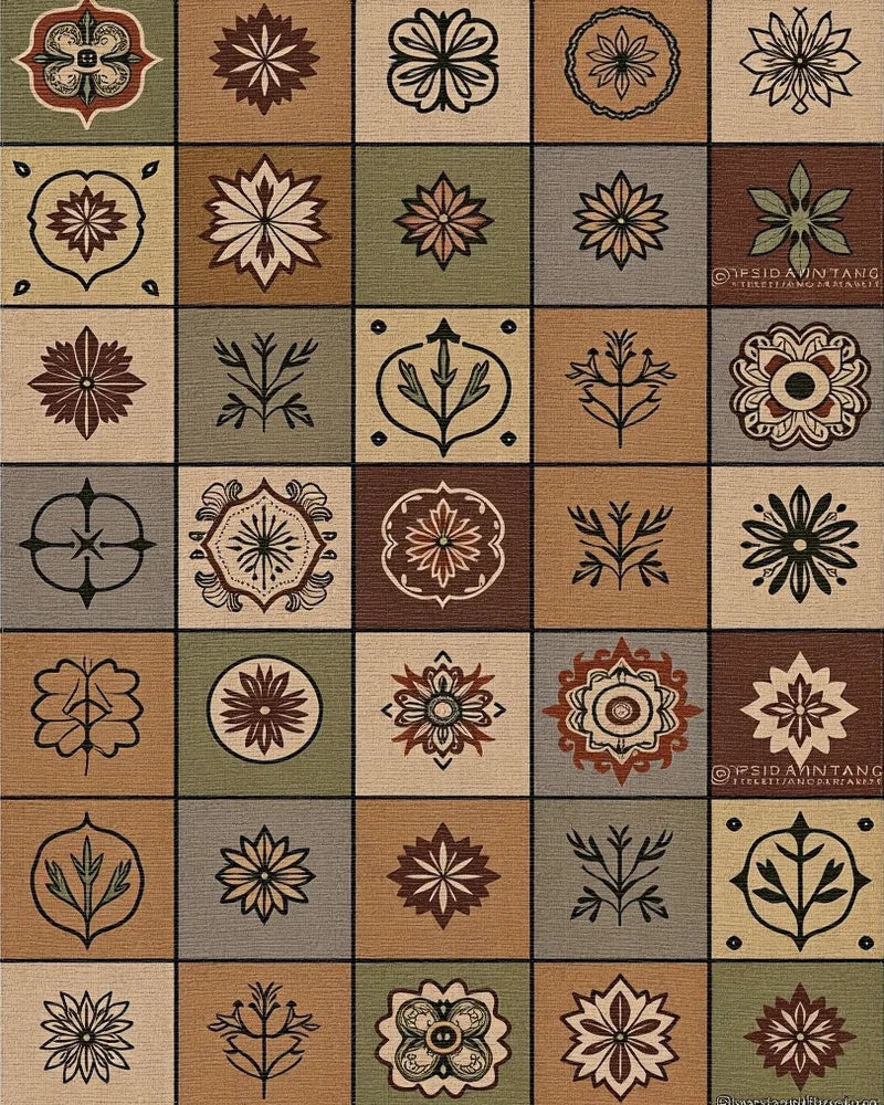 Earthy Toned Floral Grid Tile Art Rug - Cutout View