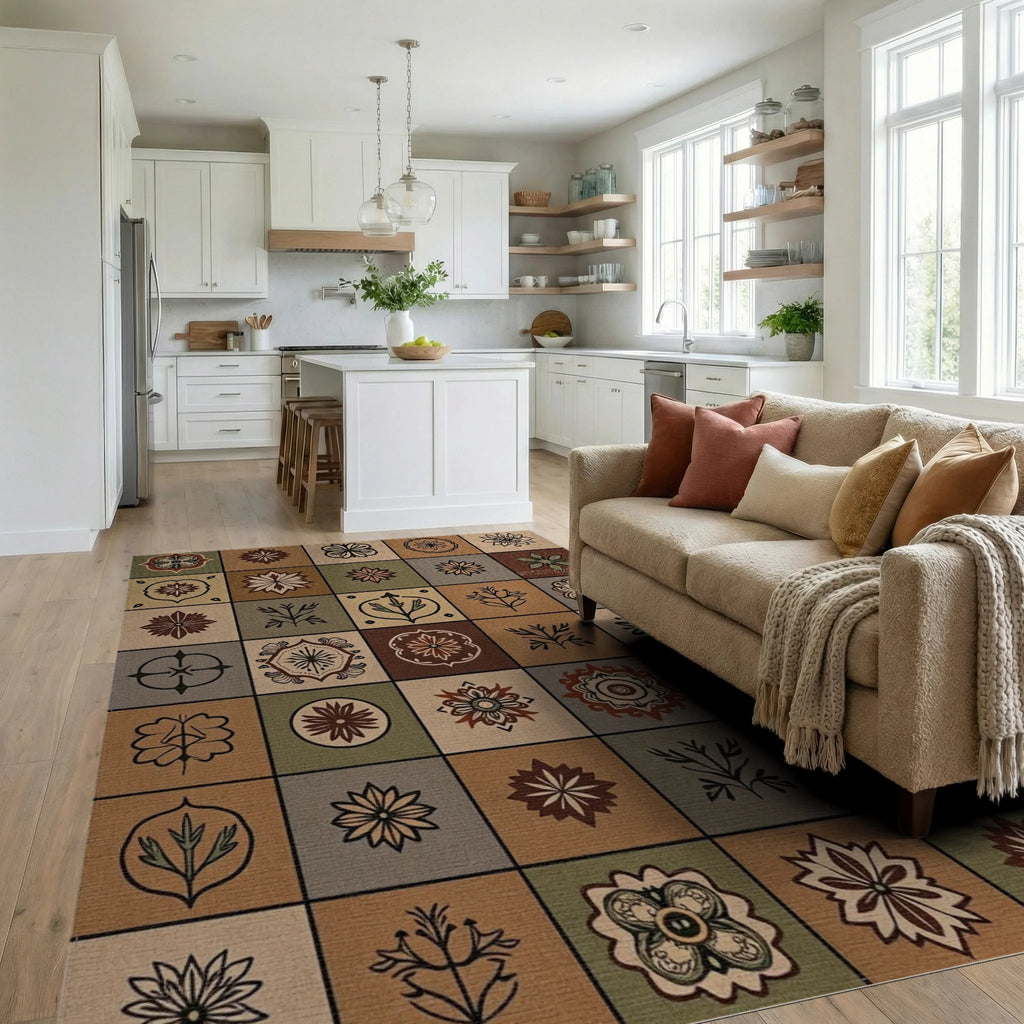Earthy Toned Floral Grid Tile Art Rug Living Room View