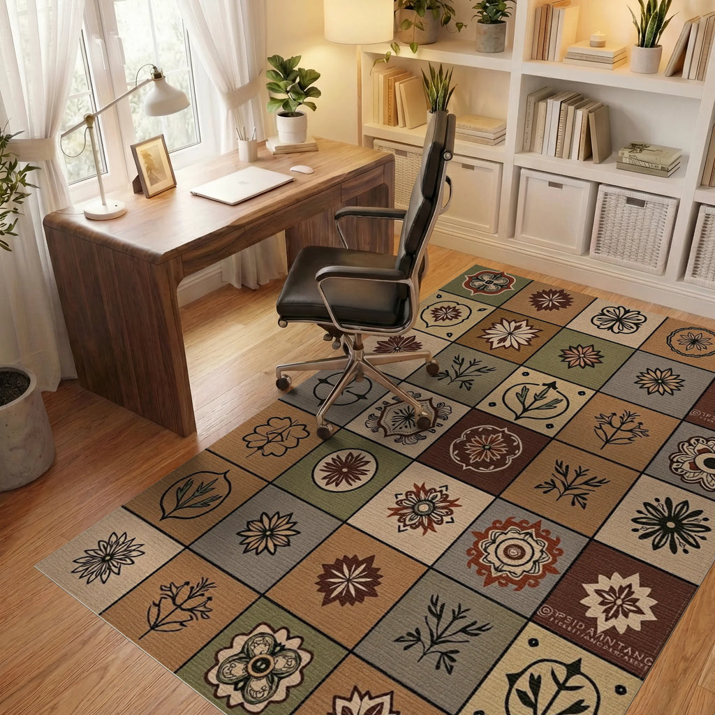 Earthy Toned Floral Grid Tile Art Rug Office View