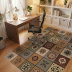 Earthy Toned Floral Grid Tile Art Rug Office View