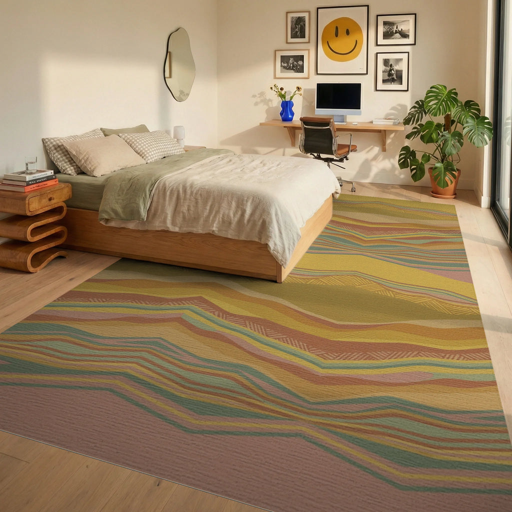 Earthy Toned Wavy Stripe Landscape Rug Bedroom View