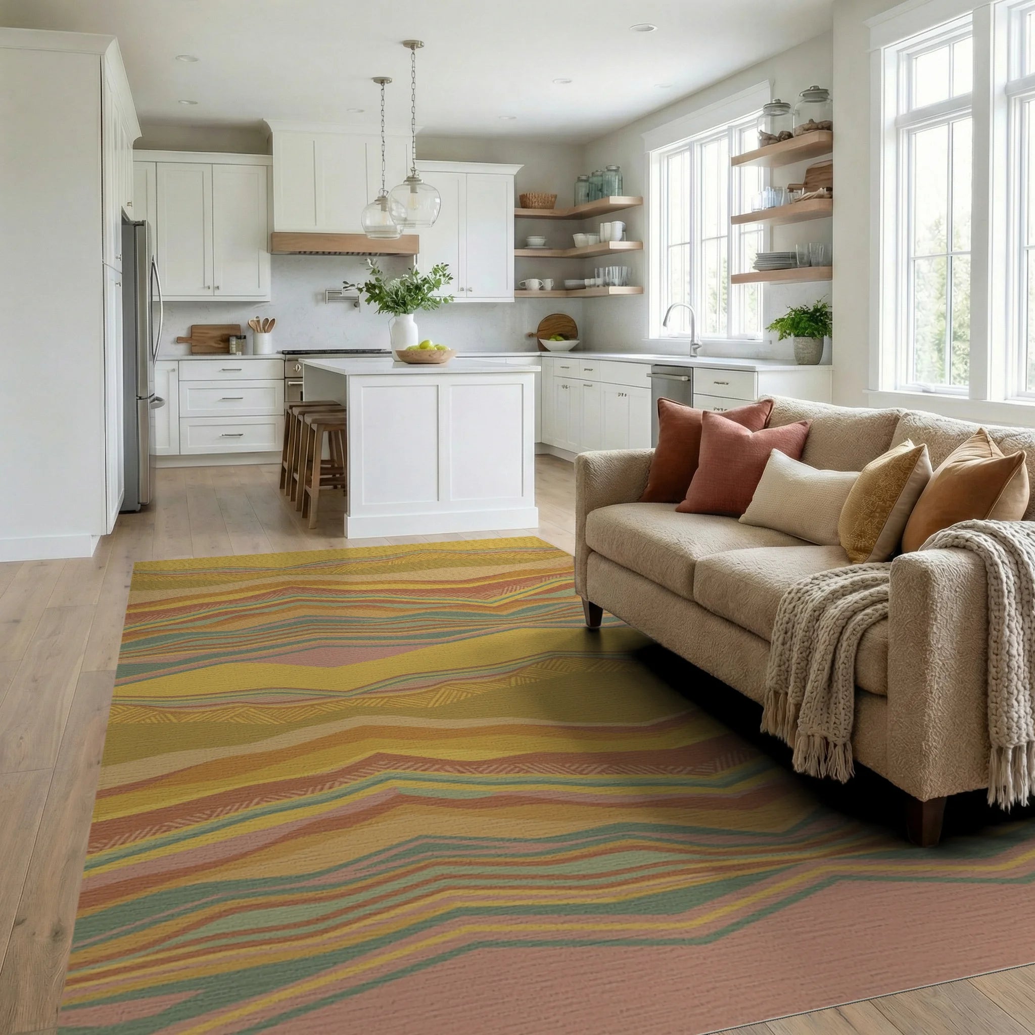 Earthy Toned Wavy Stripe Landscape Rug Living Room View