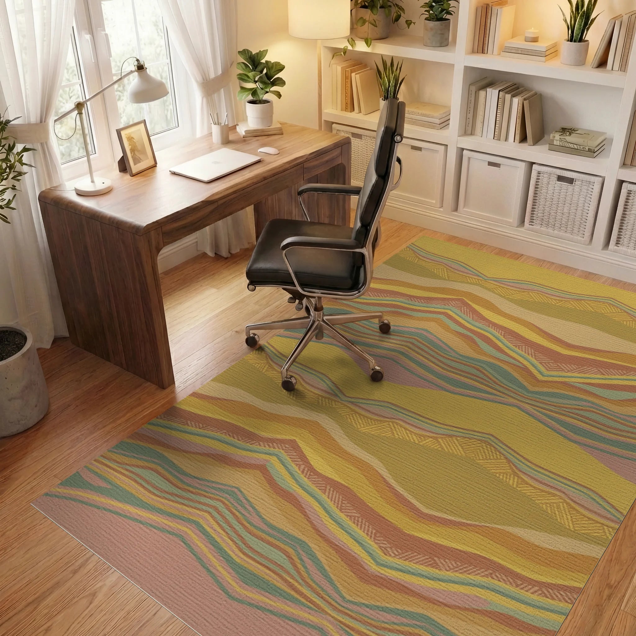 Earthy Toned Wavy Stripe Landscape Rug Office View