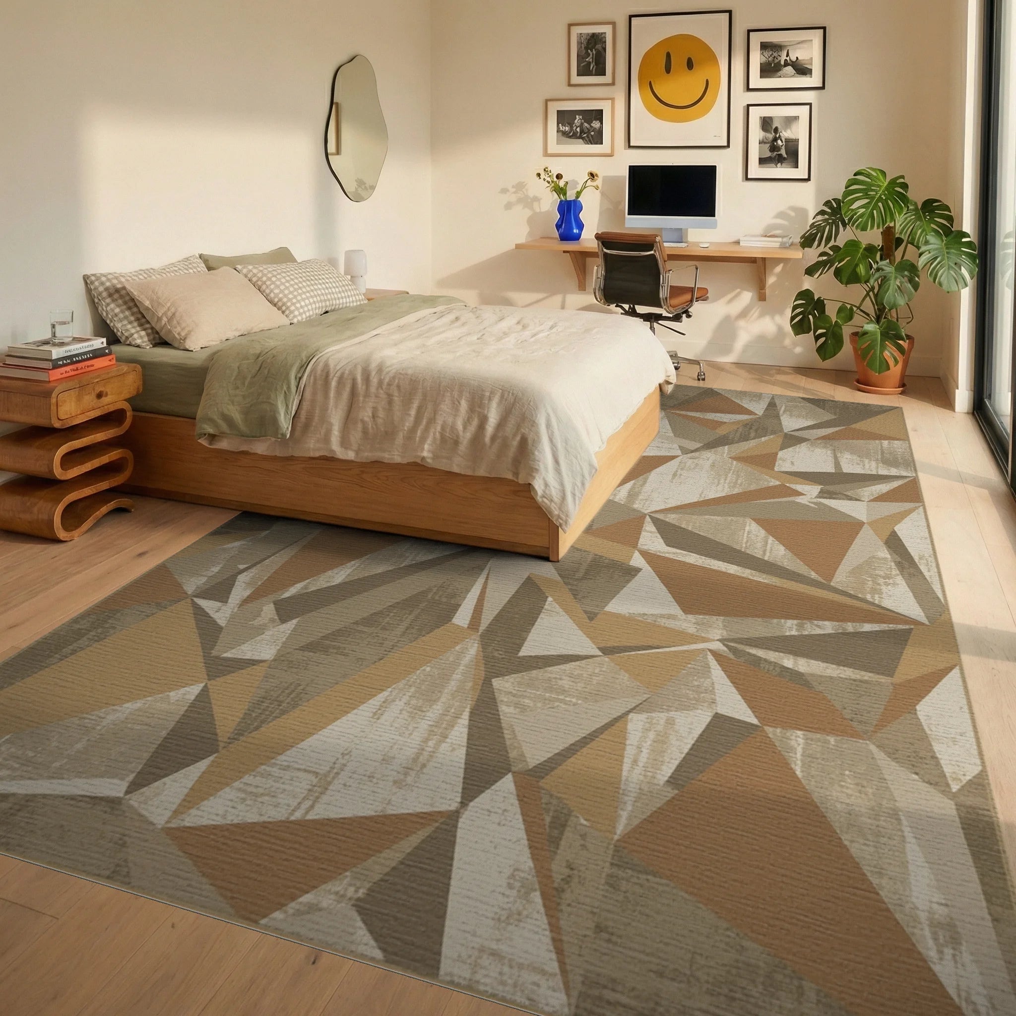 Earthy Tones Abstract Geometric Polygon Rug Bedroom View