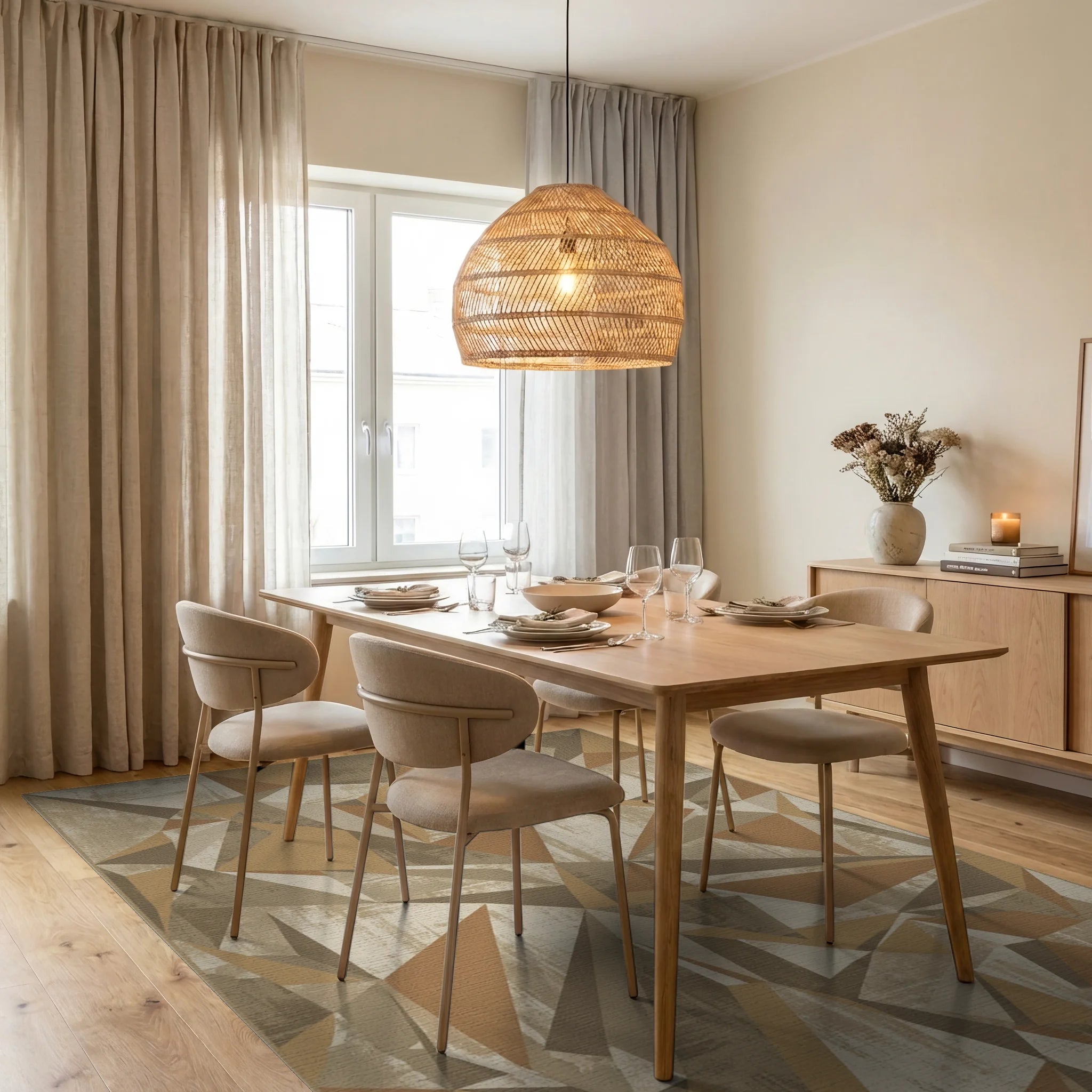 Earthy Tones Abstract Geometric Polygon Rug Dining Room View