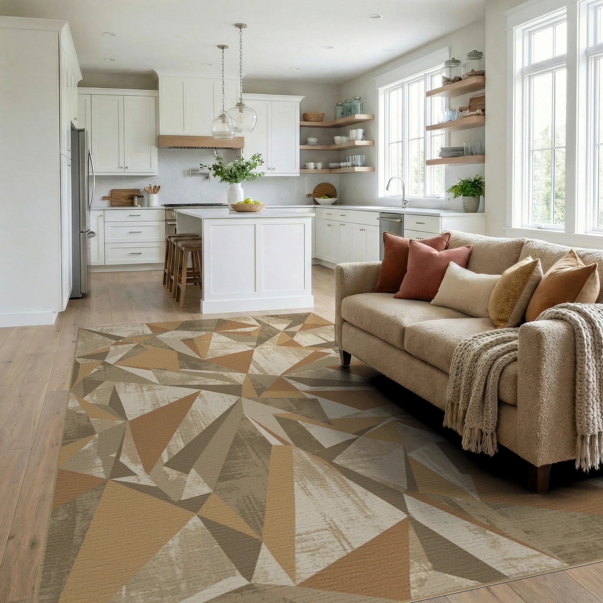 Earthy Tones Abstract Geometric Polygon Rug Living Room View