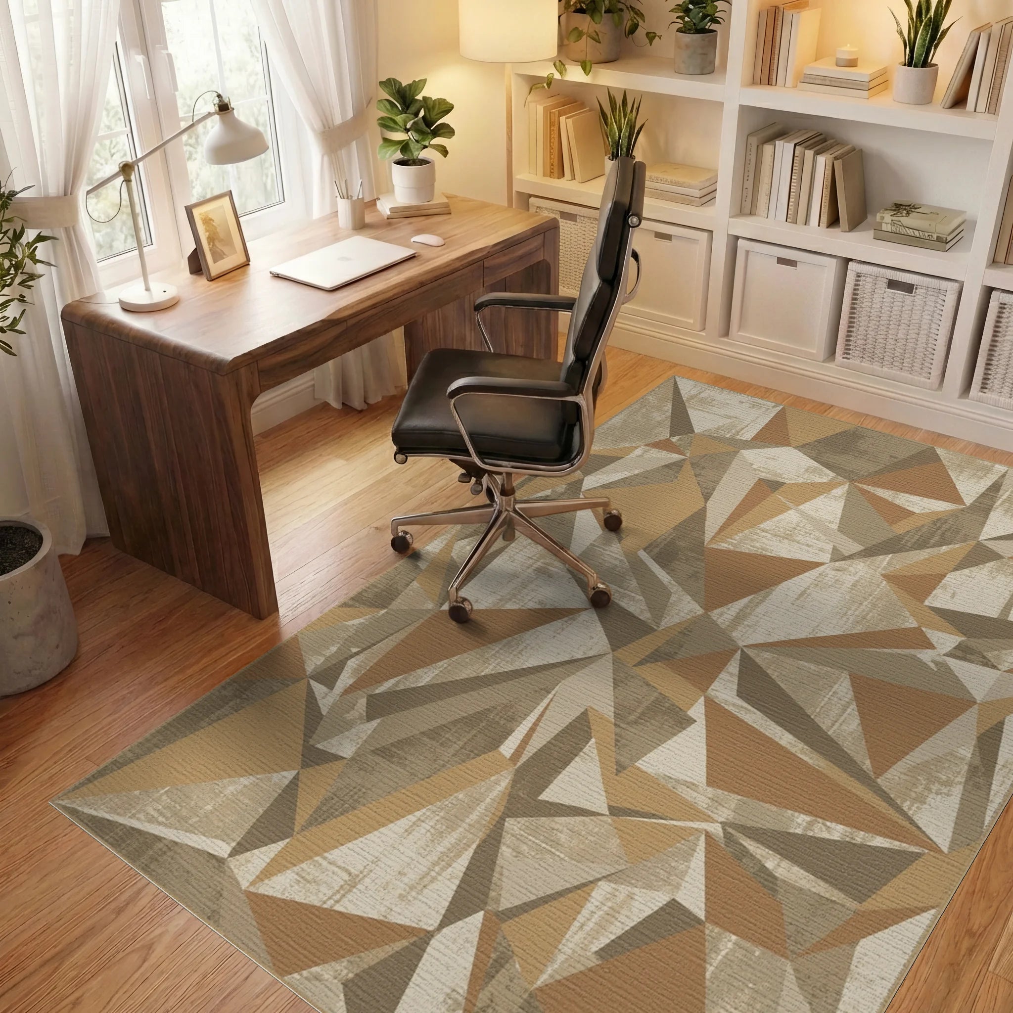 Earthy Tones Abstract Geometric Polygon Rug Office View