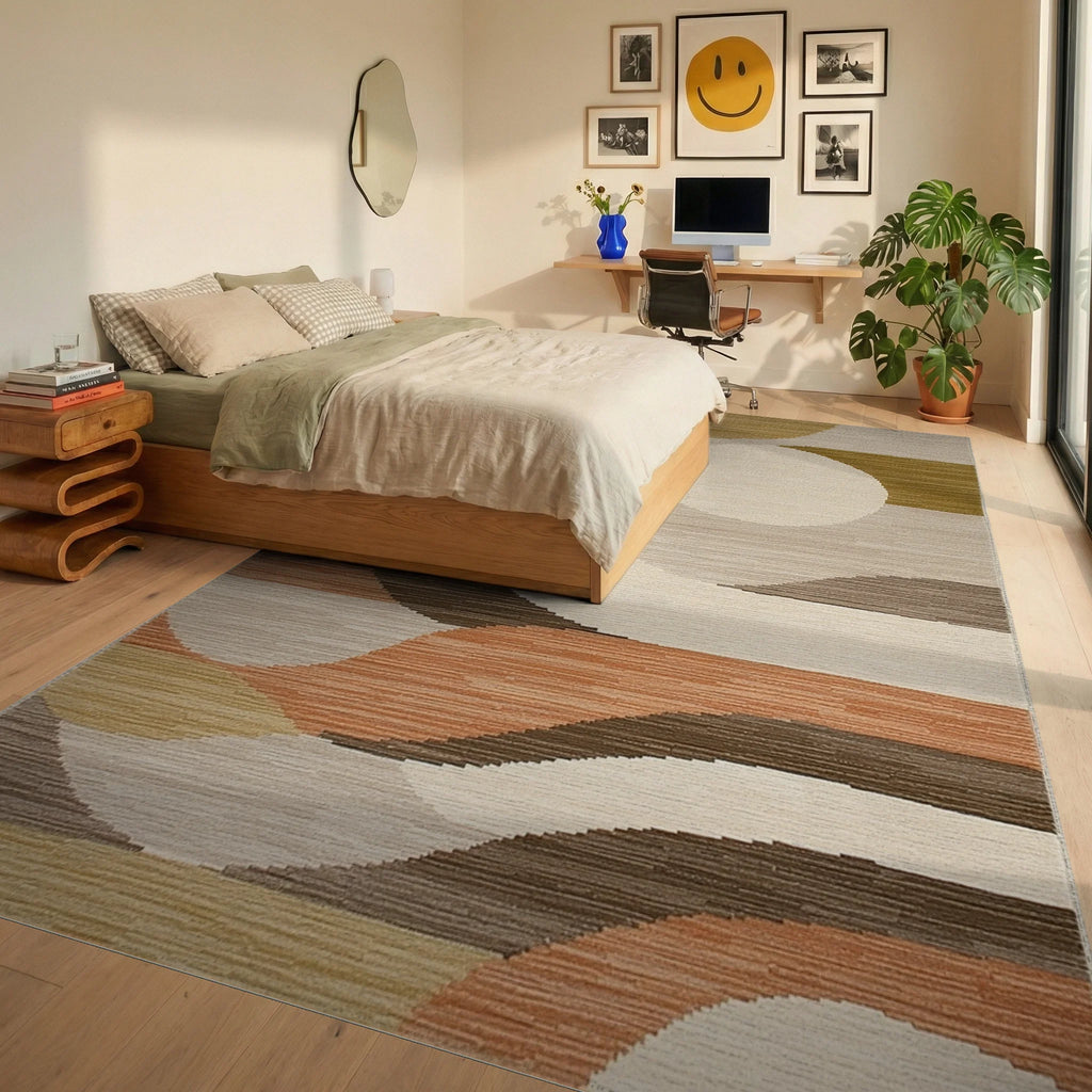 Earthy Tones Abstract Wave Rug - Bedroom View