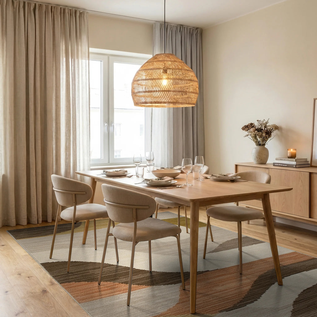 Earthy Tones Abstract Wave Rug - Dining Room View