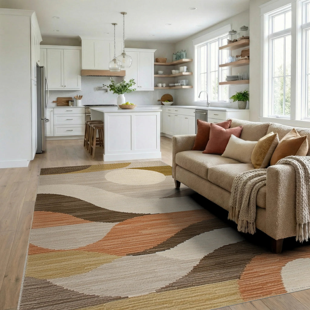 Earthy Tones Abstract Wave Rug - Living Room View