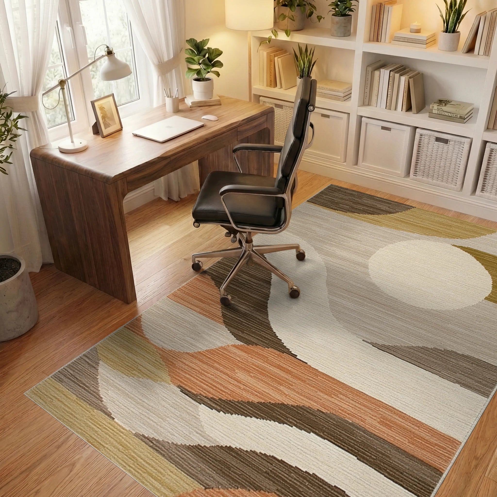Earthy Tones Abstract Wave Rug - Office View