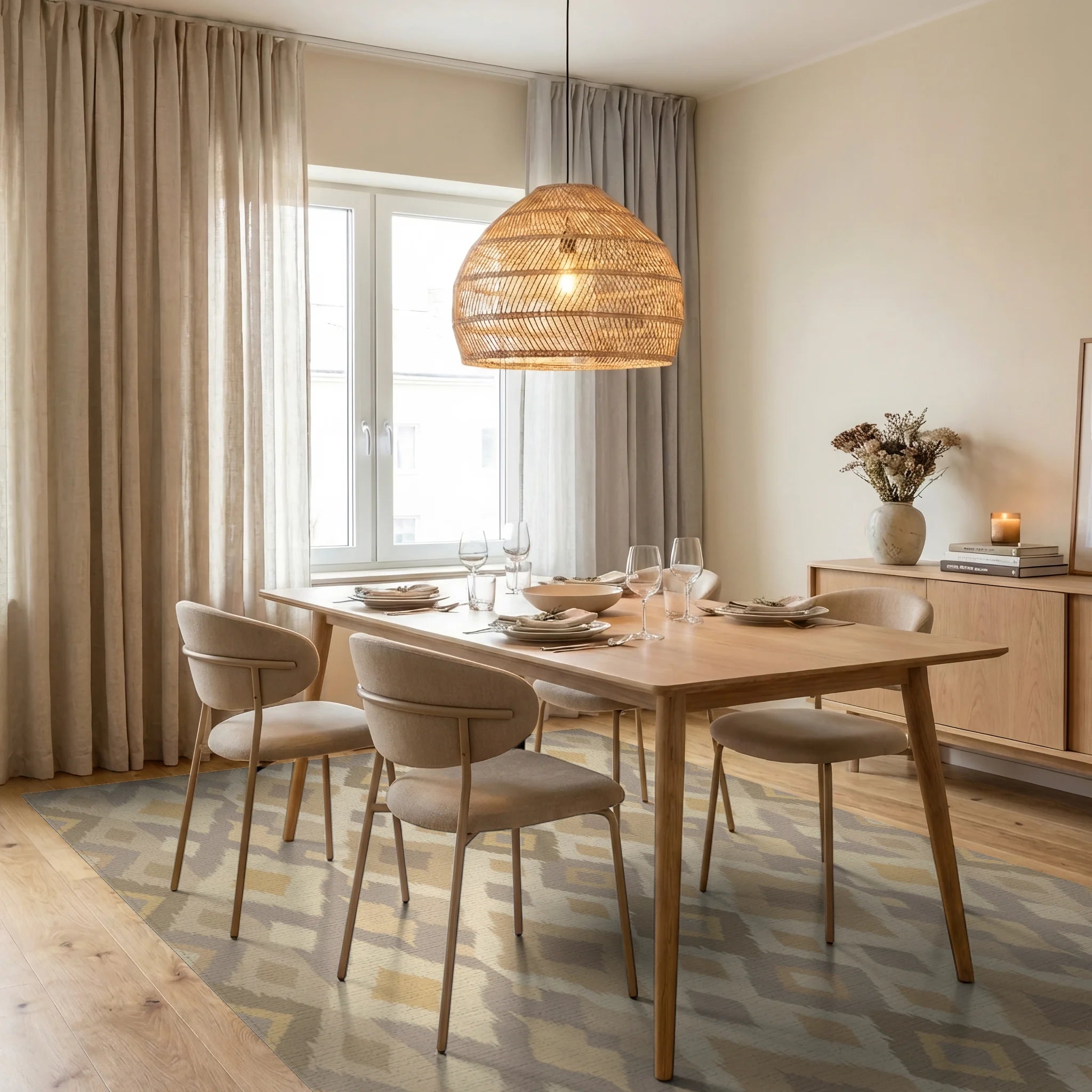 Earthy Tones Diamond Ikat Rug Dining Room View