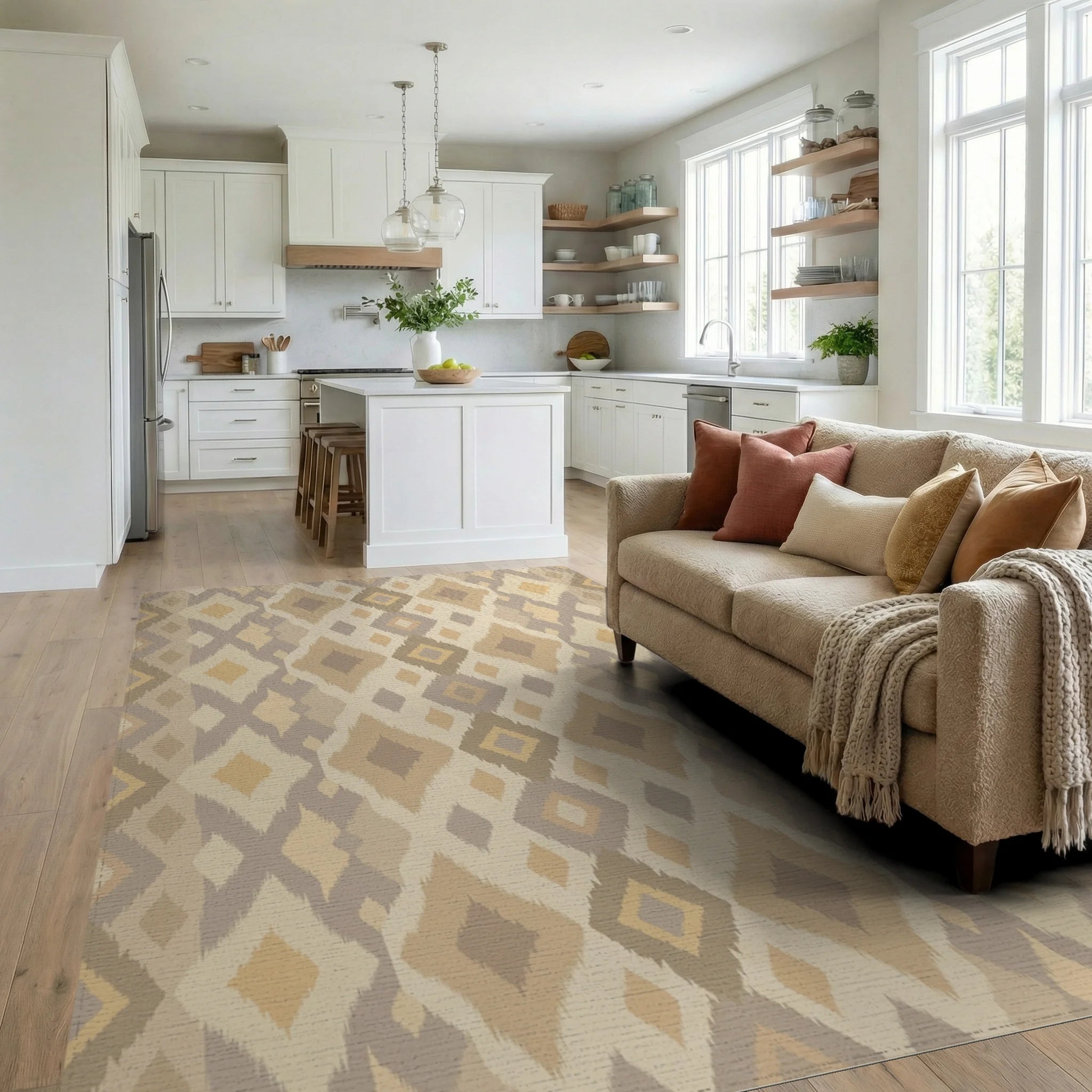 Earthy Tones Diamond Ikat Rug Living Room View