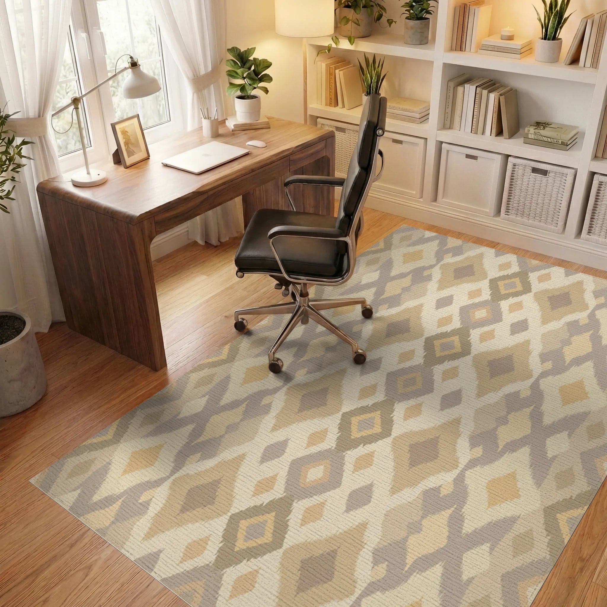 Earthy Tones Diamond Ikat Rug Office View