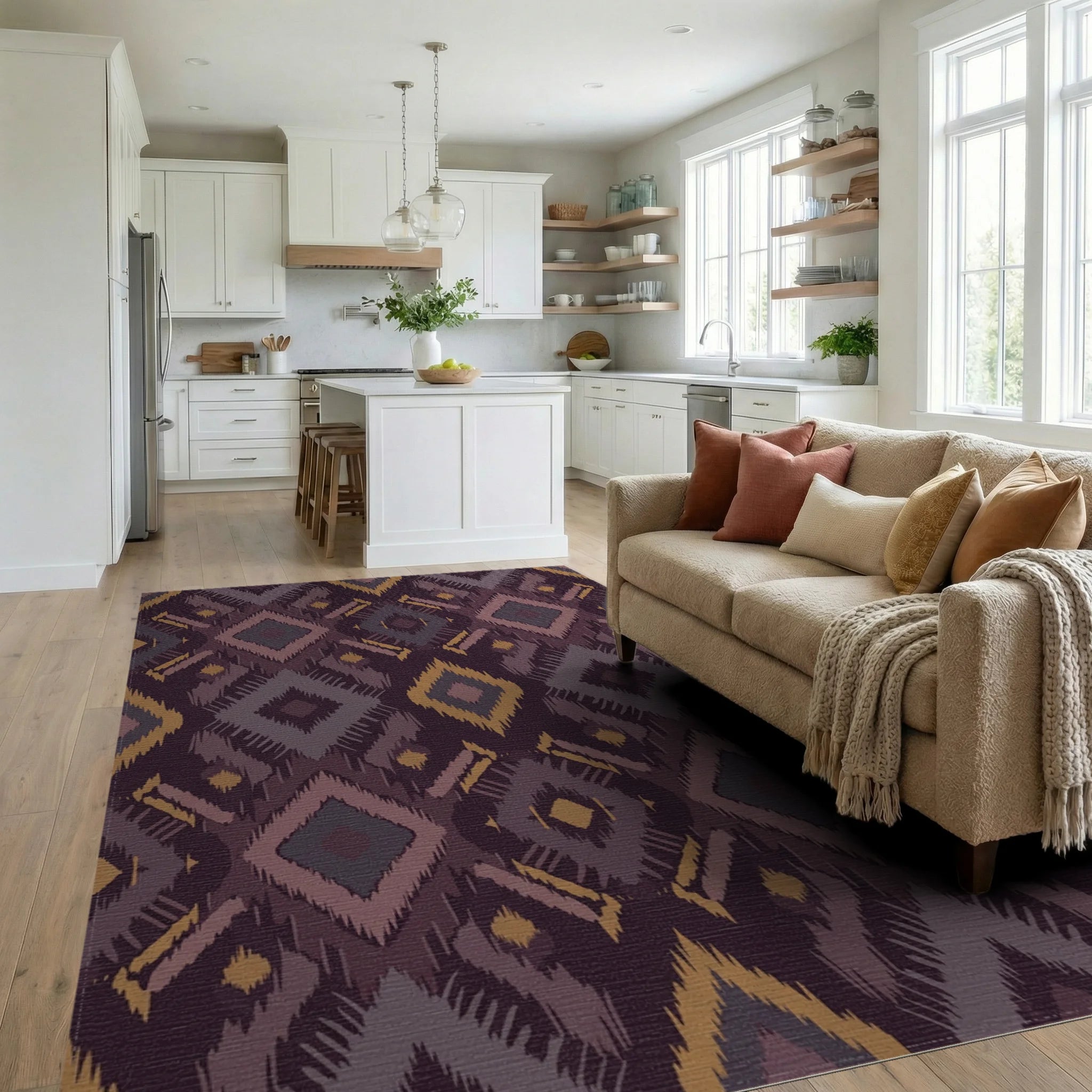 Earthy Tones Jagged Diamond Rug Living Room View