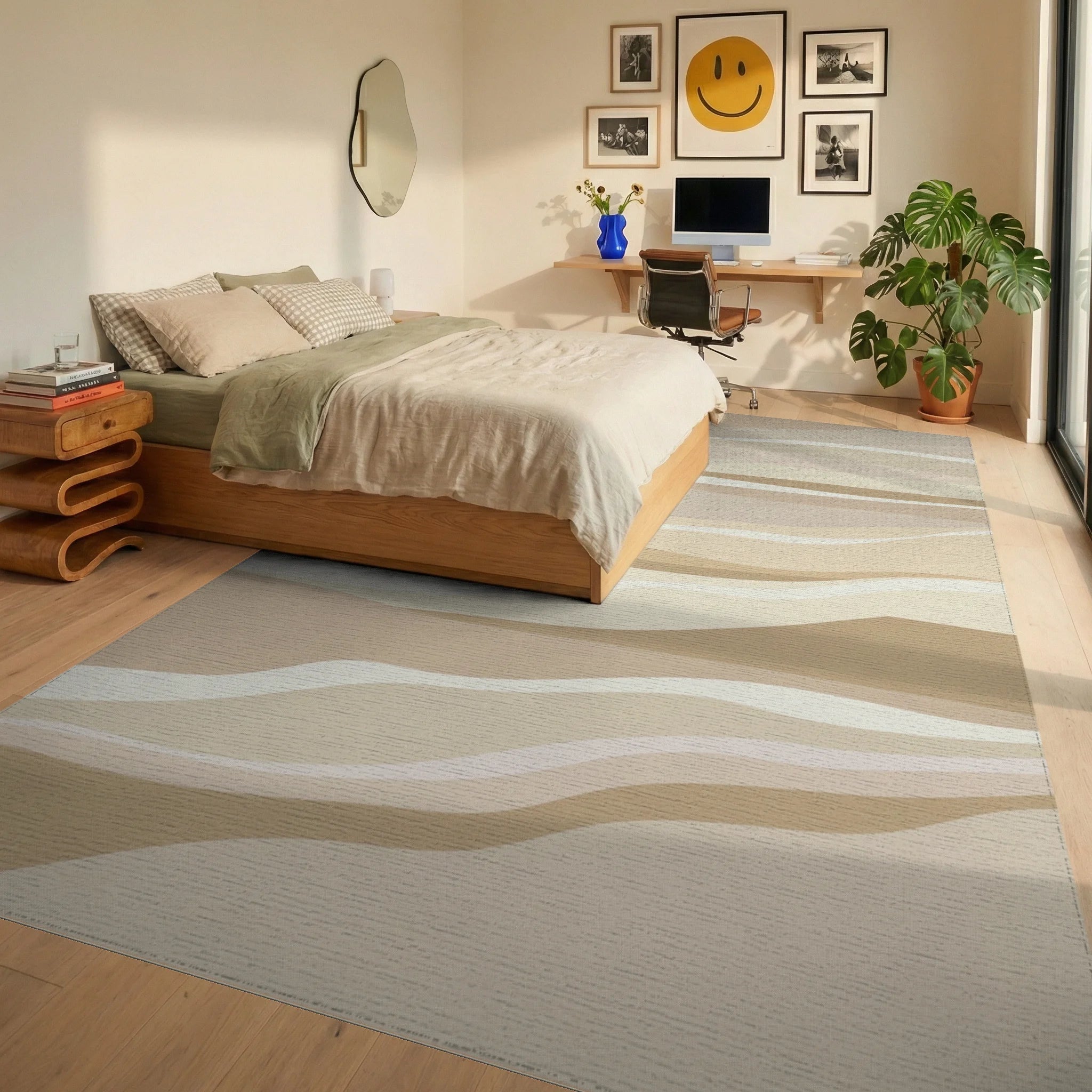 Earthy Tones Layered Abstract Waves Rug Bedroom View