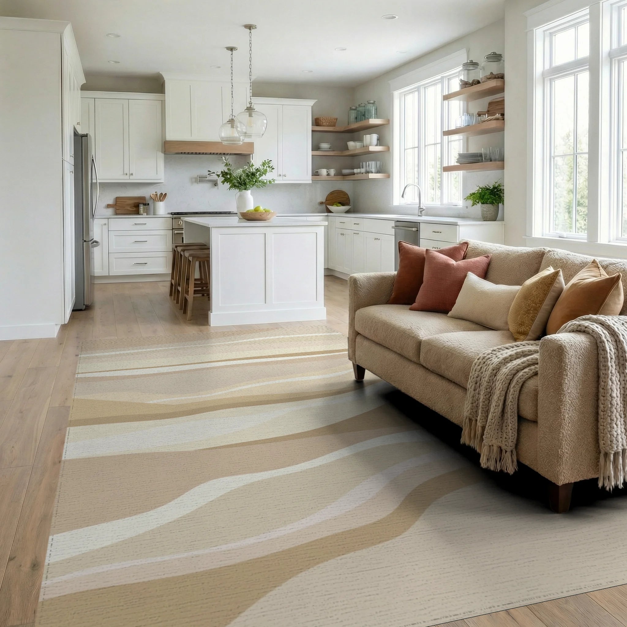 Earthy Tones Layered Abstract Waves Rug Living Room View