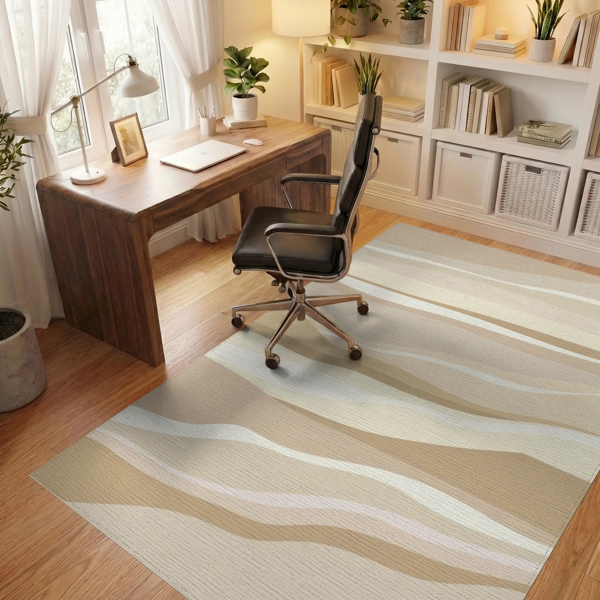 Earthy Tones Layered Abstract Waves Rug Office View