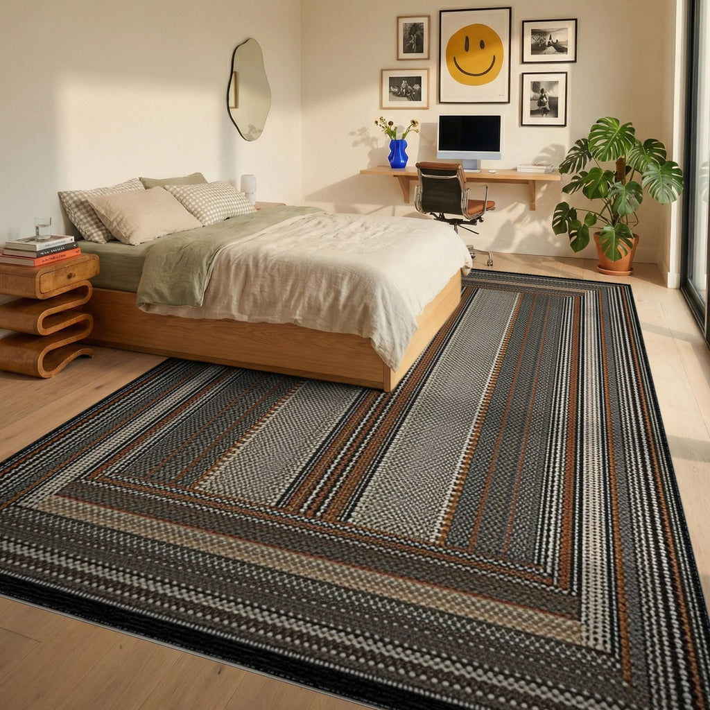 Earthy Tones Striped Geometric Border Rug - Bedroom View