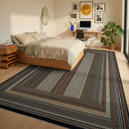 Earthy Tones Striped Geometric Border Rug - Bedroom View