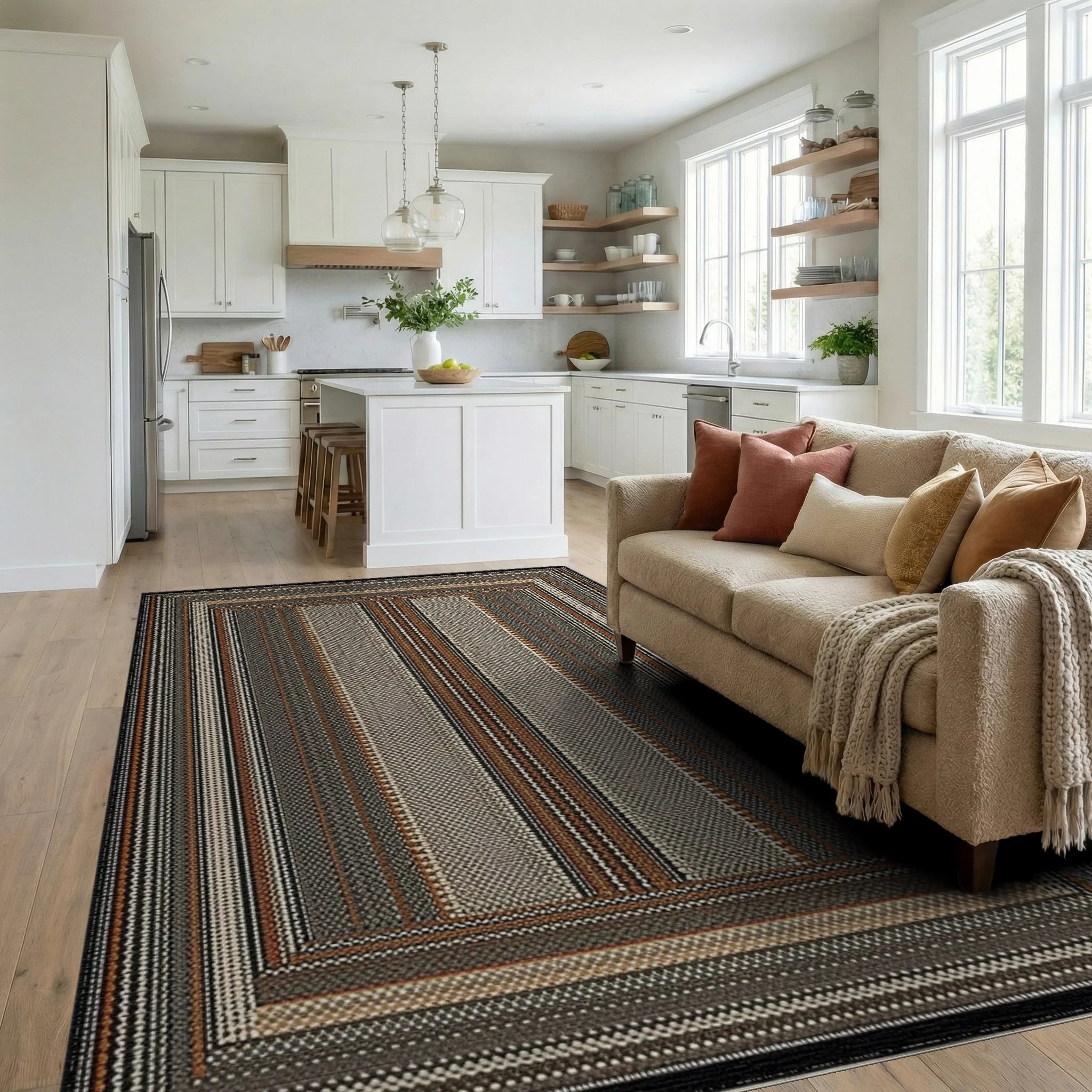 Earthy Tones Striped Geometric Border Rug - Living Room View