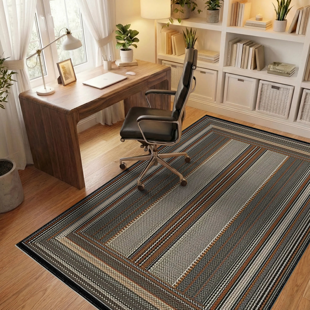 Earthy Tones Striped Geometric Border Rug - Office View