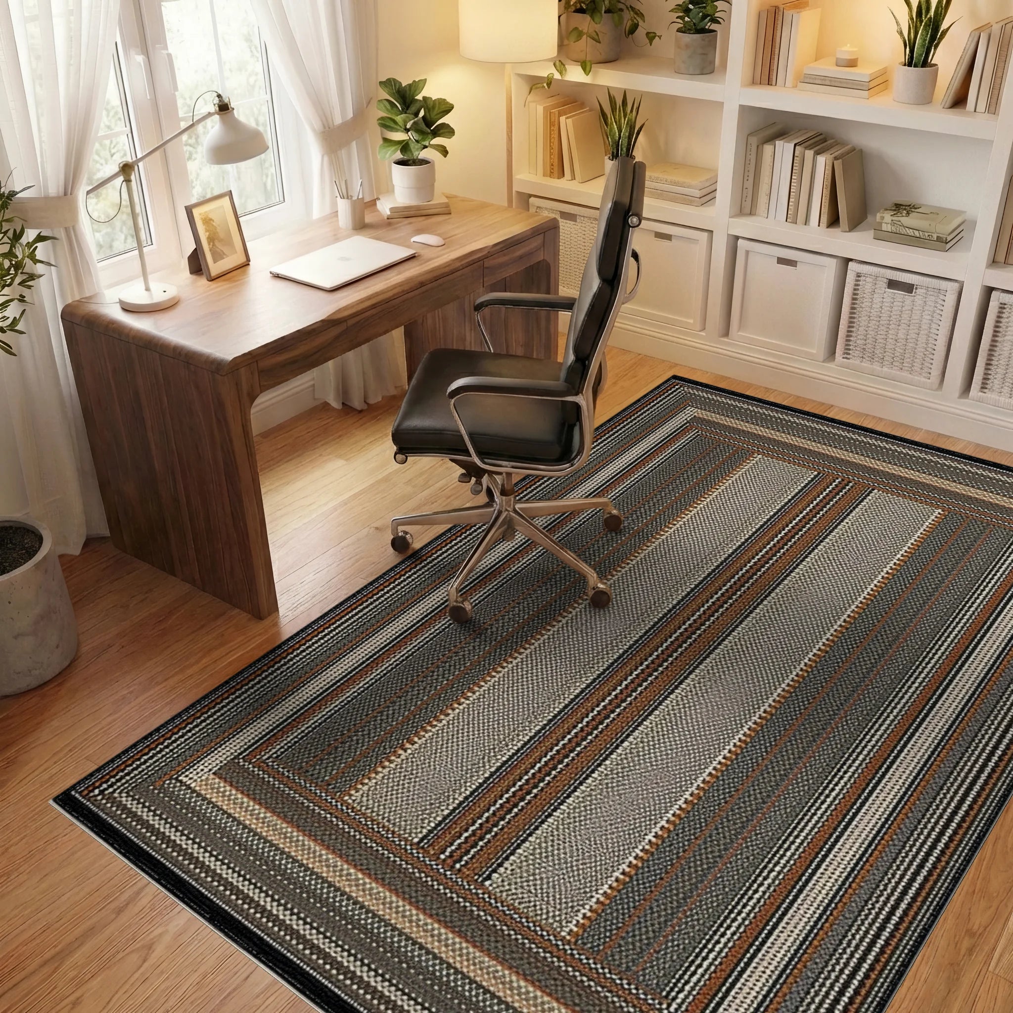 Earthy Tones Striped Geometric Border Rug - Office View